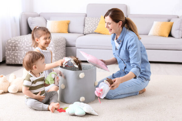 mom using first, Then strategy to teach clean up, preventing child tantrums