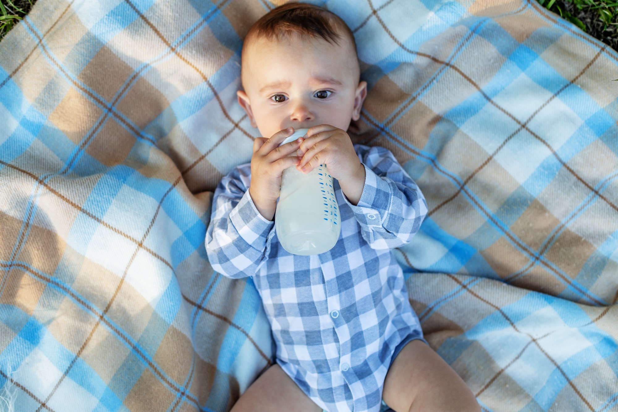 Adorable baby drinking milk from bottle while lying on blanket at picnic Baby nutrition - SKIDamarink KIDs Adorable baby drinking milk from bottle while lying on blanket at picnic. Baby nutrition.
