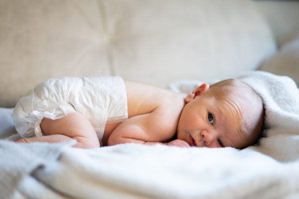 Newborn baby wearing diaper lying on stomach on soft blanket - SKIDamarink KIDs Newborn baby wearing diaper lying on stomach on soft blanket