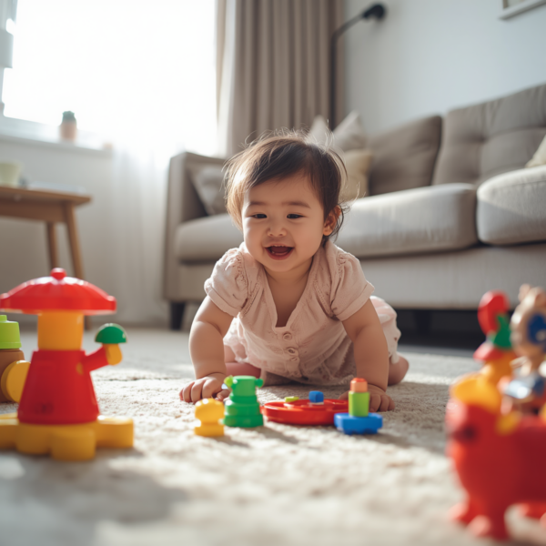 Smiling baby crawling on a rug, playing with colorful plastic toys in a sunlit living room.