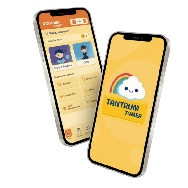 Two tilted smartphones displaying a kid-friendly app interface with Tantrum Tamer branding and colorful tiles with cartoon icons