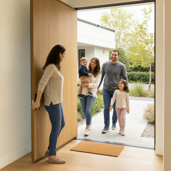 A family entering a home through an open front door, smiling at the doorway. The mom holds a toddler while another girl and man stand outside.