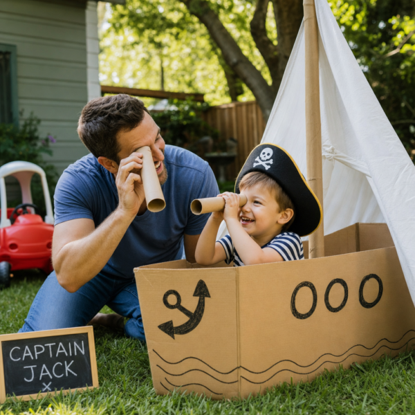 Father and young child play pirates in a cardboard ship, using cardboard tubes as pretend telescopes in a sunny backyard.