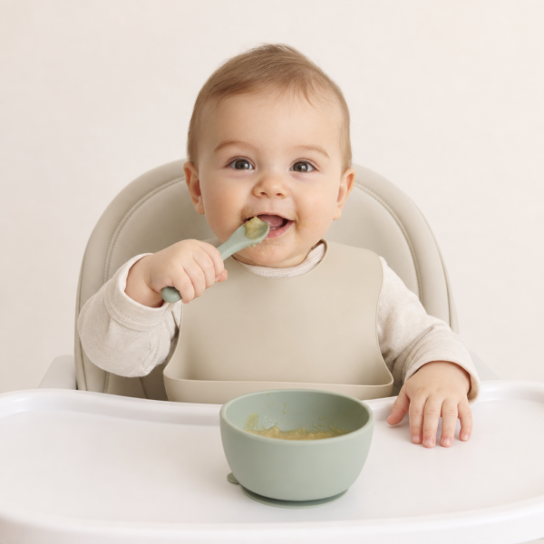 Baby in a high chair wearing a beige bib, feeding himself with a pastel spoon over a light green bowl.