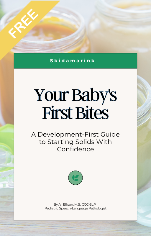 Book cover for 'Your Baby's First Bites'—A Development-First Guide to Starting Solids With Confidence; author Ali Ellison, with a green leaf logo and a yellow FREE ribbon.