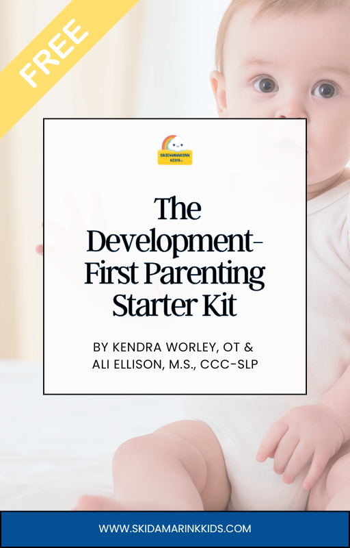 Cover for 'The Development-First Parenting Starter Kit'—free resource by Skidamarink Kids; features a baby background with the kit title, small logo, and author credits.