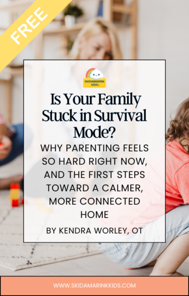 Promotional banner for Skidamarink Kids: 'Is Your Family Stuck in Survival Mode?' with a blurred family background and a yellow FREE ribbon, www.skidamarinkids.com